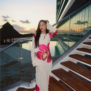 Long Sleeve Cream Dress with Pink Floral Print - Women